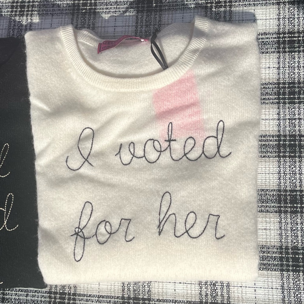 Melissa Masse cashmere collection crew neck NWT embroidered I voted for her